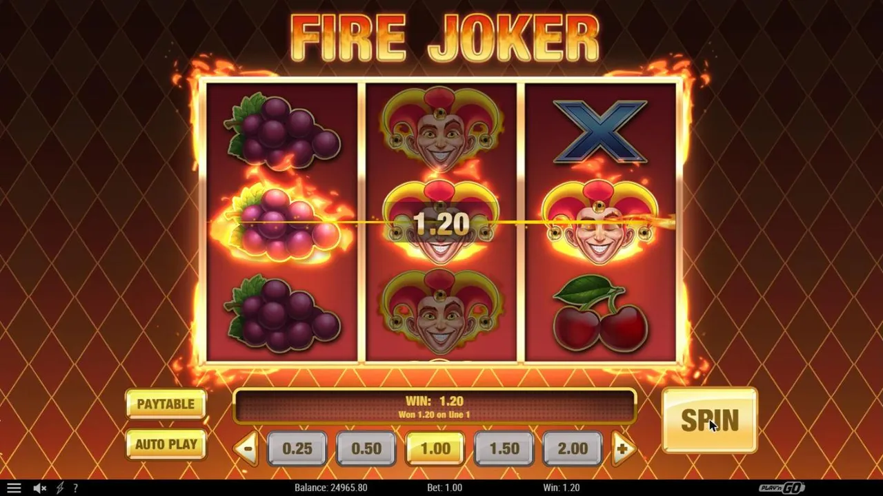Fire Joker base spin 64 at a $1 bet after a Respin of Fire: reel 2 stacked with jesters, grapes and a jester on line 1, WIN 1.20
