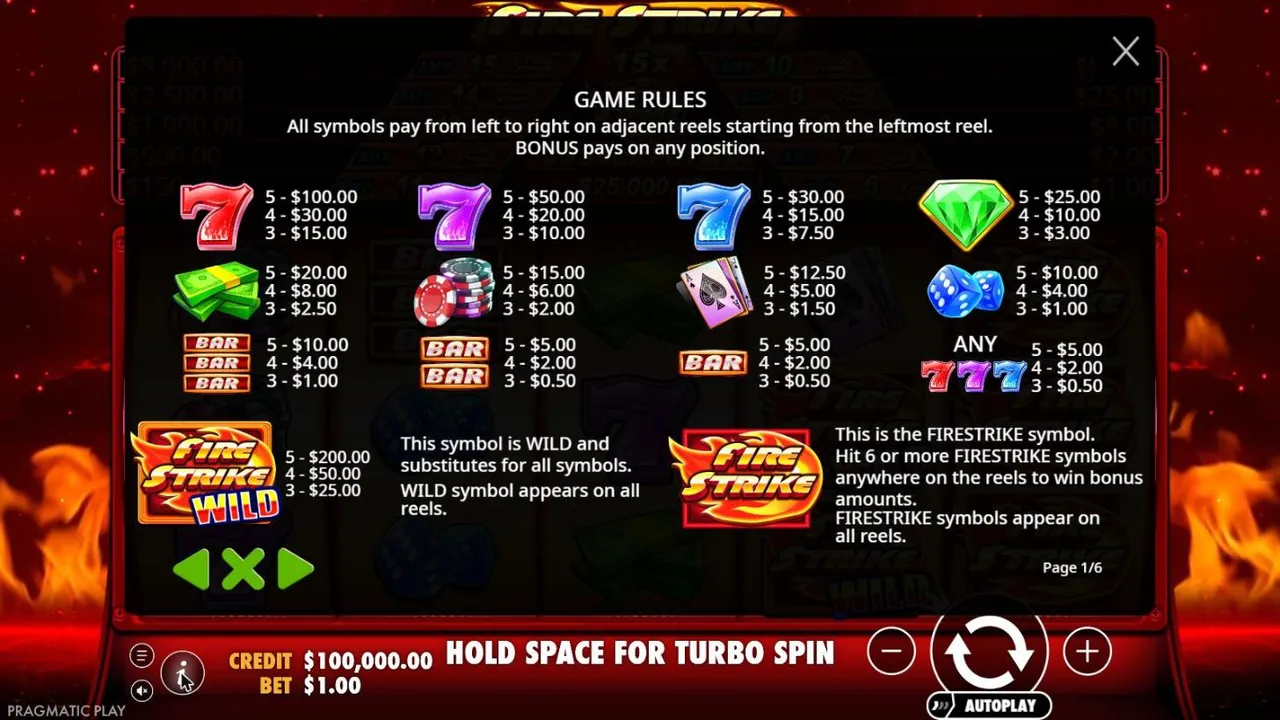 Fire Strike rules page 1: the paytable at a $1 bet with red, purple and blue sevens, the FIRE STRIKE WILD and the FIRESTRIKE symbol