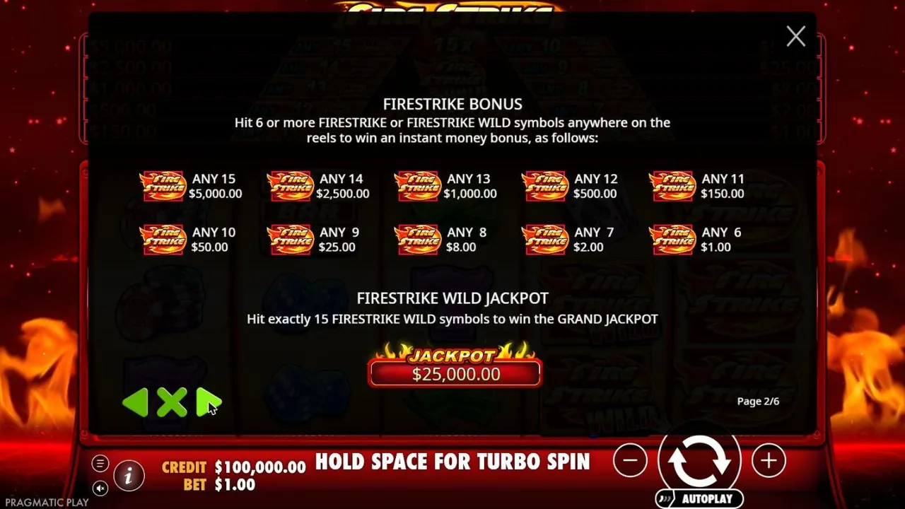 Fire Strike rules page 2: the FIRESTRIKE BONUS from any 6 at $1.00 to any 15 at $5,000.00, and the $25,000 jackpot for exactly 15 wilds