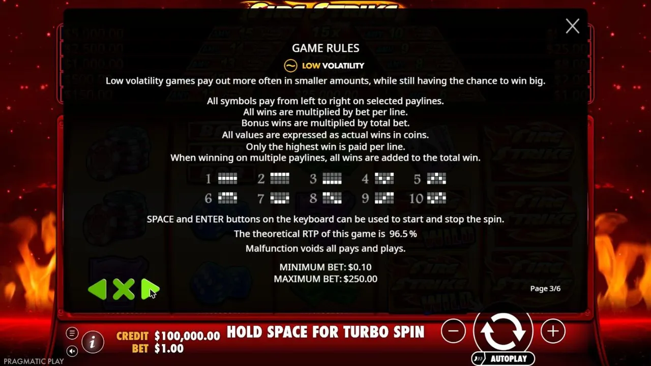 Fire Strike rules page 3: a LOW VOLATILITY badge, the 10 paylines, a 96.5% RTP, minimum bet $0.10 and maximum bet $250.00