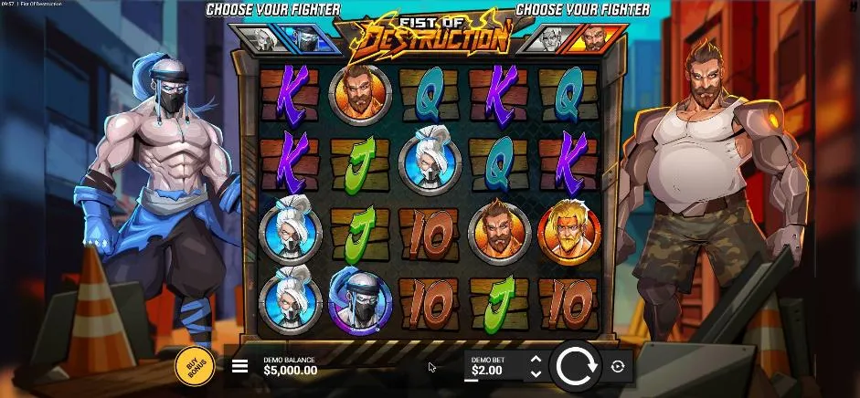 Fist of Destruction base game at the opening $2.00 bet: a 5x4 plank grid of letters and fighters, a blue ninja and a red brawler beside it