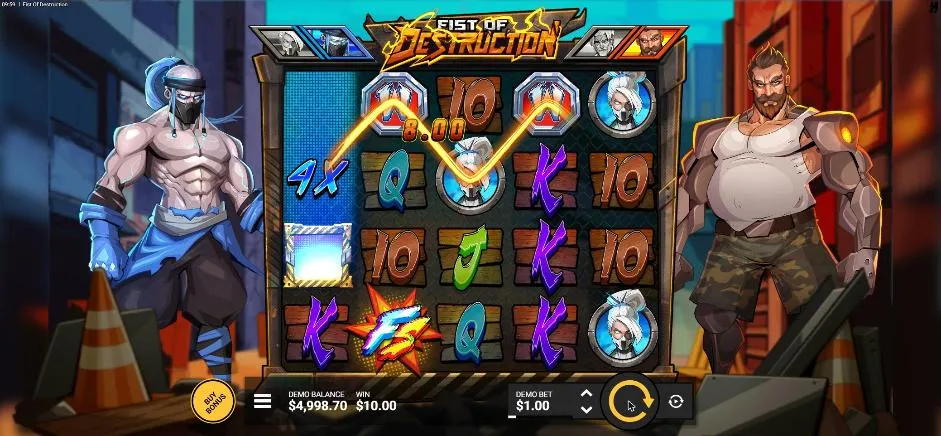Fist of Destruction base spin 12 at a $1 bet, settled: a blue Fist Wild Reel on reel 1 with a 4x multiplier, WIN $10.00
