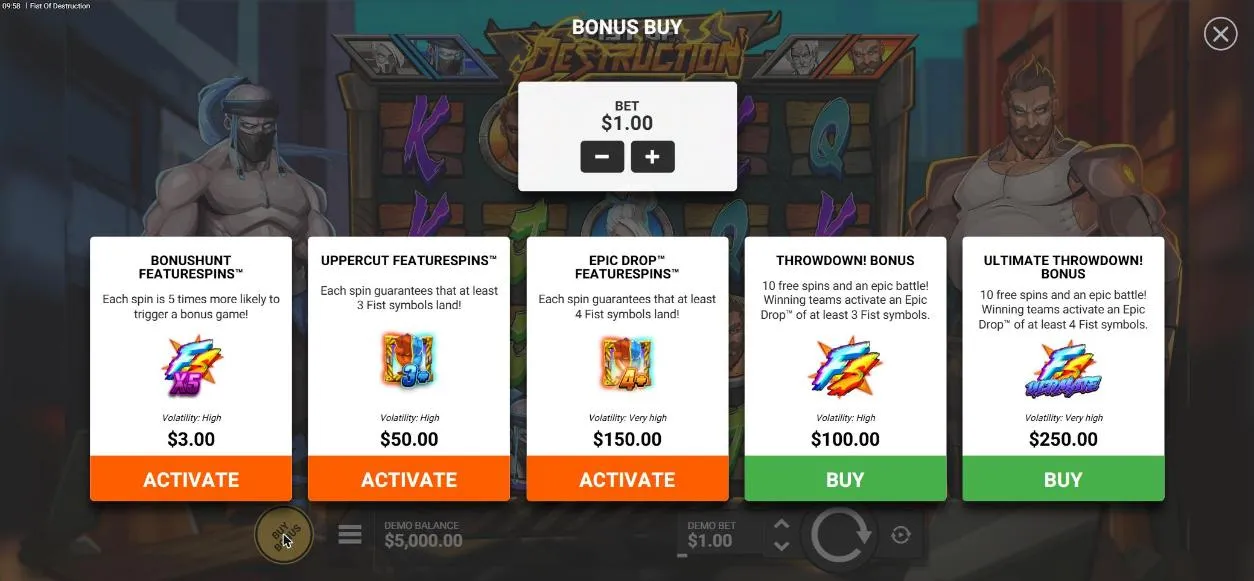 Fist of Destruction buy menu at a $1 bet: BonusHunt $3, Uppercut $50, Epic Drop $150, Throwdown! $100, Ultimate Throwdown! $250