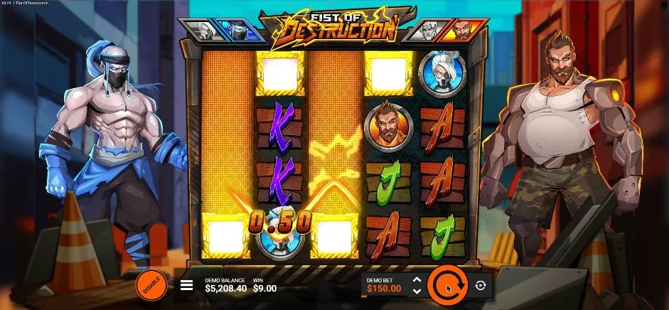 Fist of Destruction Epic Drop FeatureSpins spin 10 at a $150 bet, settled: Fist Wild Reels on reels 2 and 3, WIN $9.00