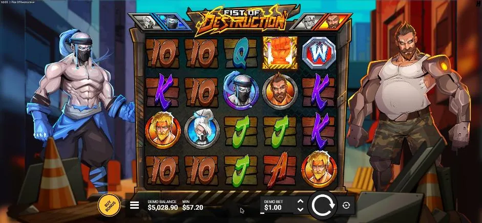 Fist of Destruction base screen after our natural Throwdown! from spin 45, settled: WIN $57.20 and a $5,028.90 balance at $1