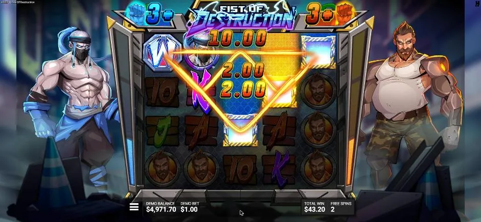 Fist of Destruction natural Throwdown! free spin: Fist Wild Reels on reels 3 and 4, both teams at 3+, TOTAL WIN $43.20, 2 spins left