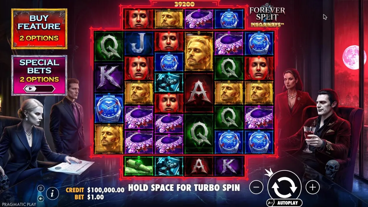 Forever Split Megaways base game at a $1 bet: six reels of portraits, jewels and watches in a red neon frame, with extra rows on reels 2 to 5