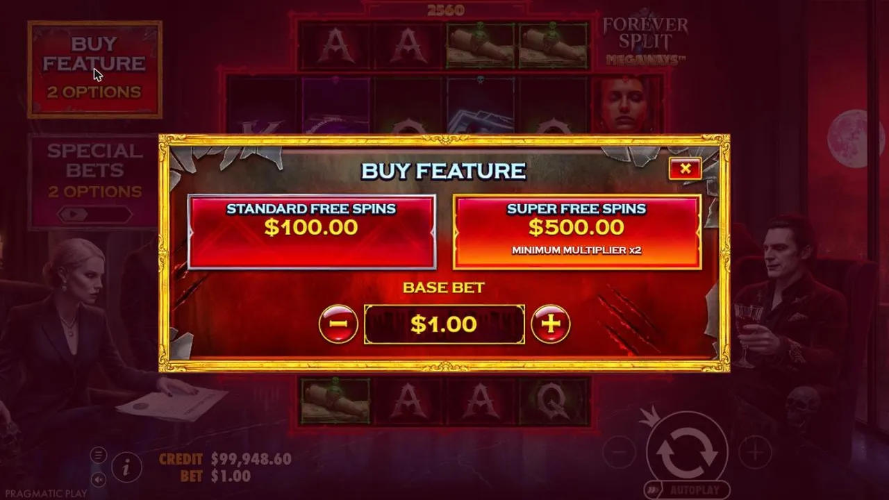 Forever Split Megaways Buy Feature menu at a $1 base bet: Standard Free Spins $100.00 and Super Free Spins $500.00 with a x2 minimum