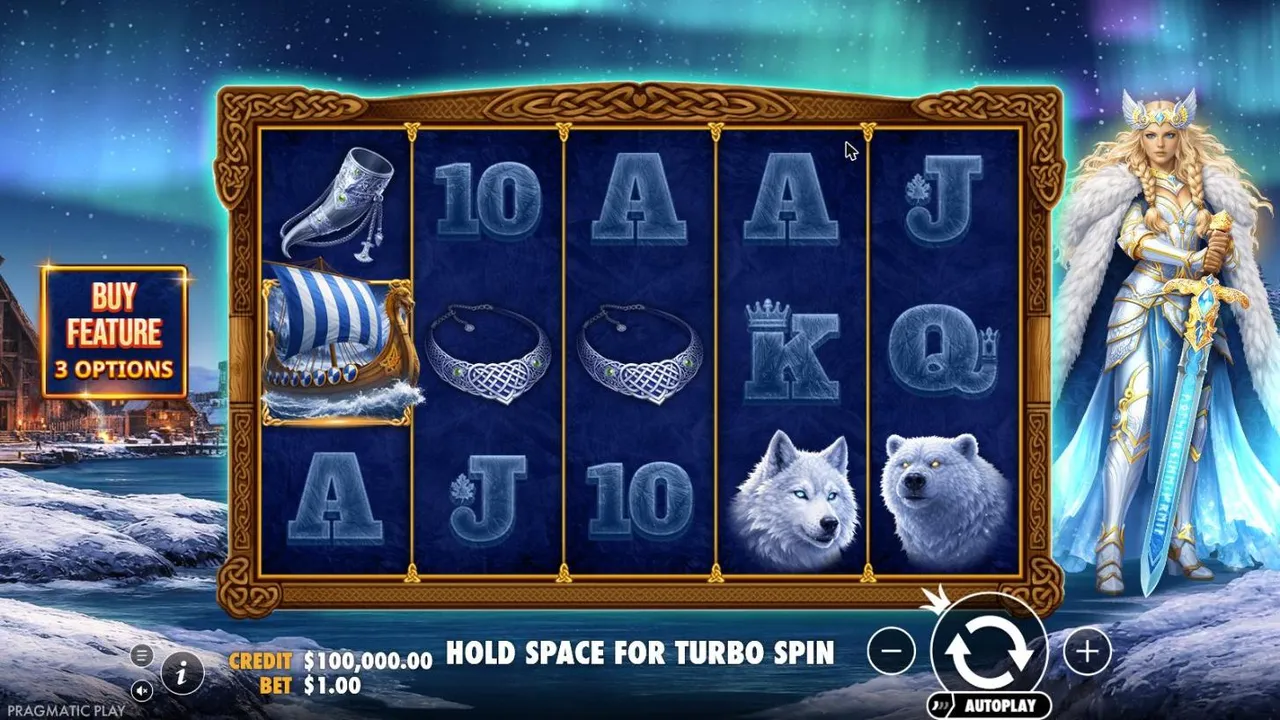 Freya 1000 base game at a $1 bet: 5x3 reels of longships, wolves, a polar bear, necklaces and card letters, with Freya on the right
