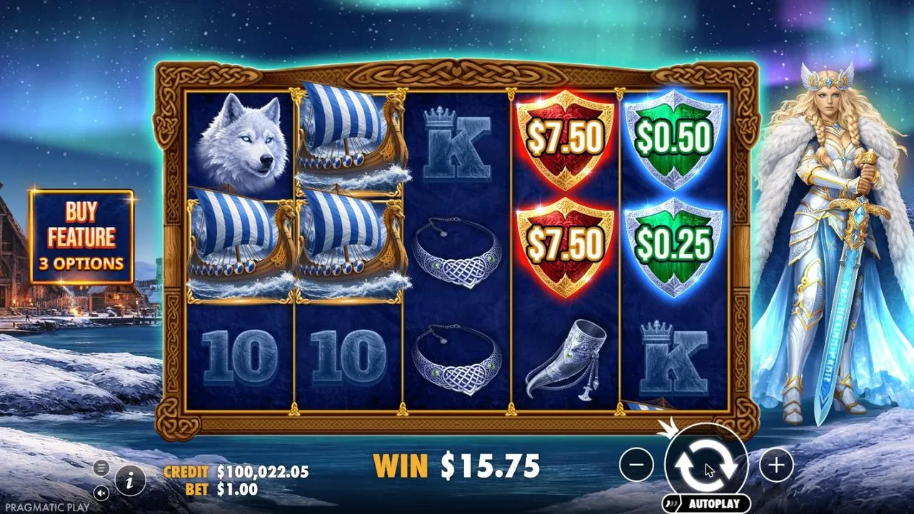 Freya 1000 spin 23 at a $1 bet, settled: two red $7.50 shields on reel 4 and green $0.50 and $0.25 shields on reel 5, WIN $15.75