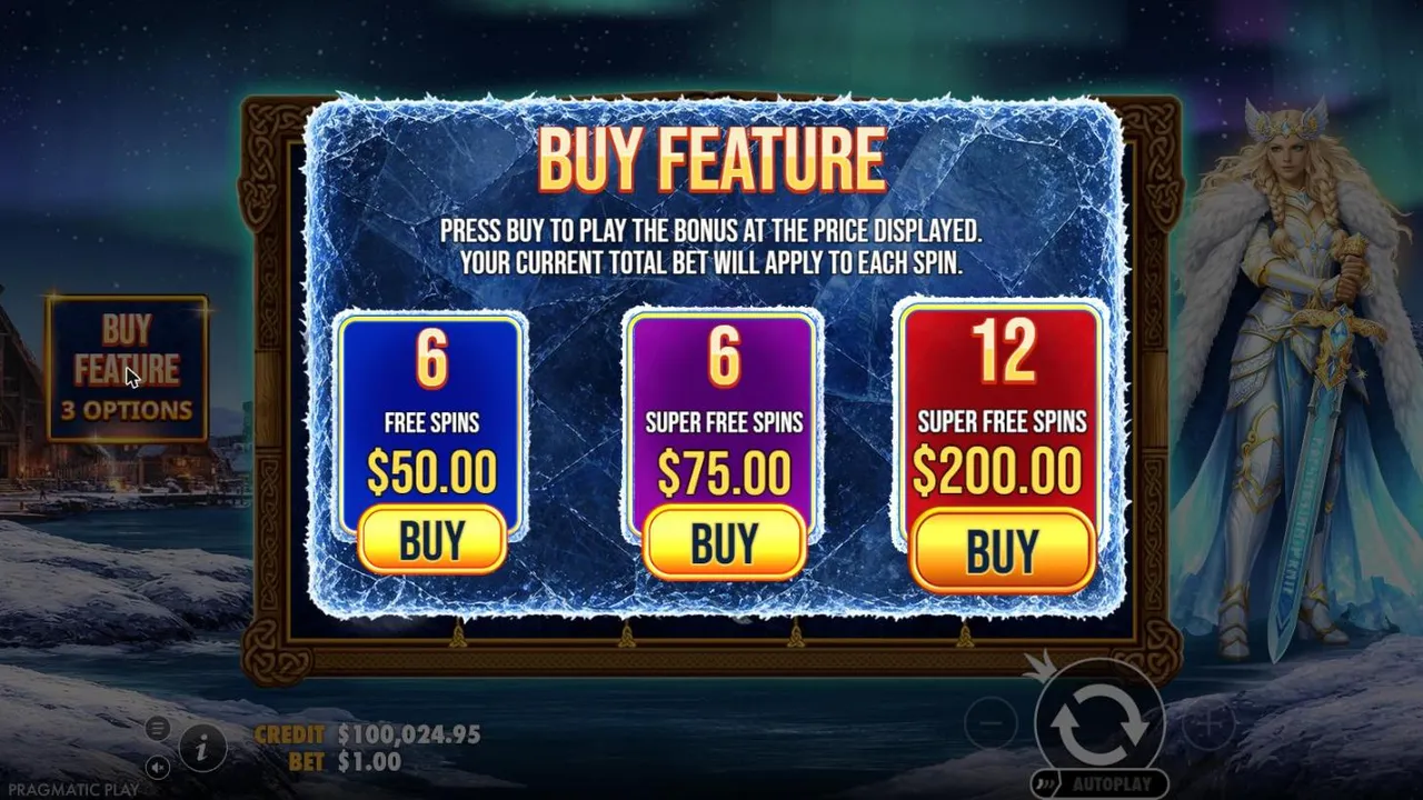 Freya 1000 Buy Feature menu at a $1 bet: 6 free spins for $50.00, 6 super free spins for $75.00 and 12 super free spins for $200.00