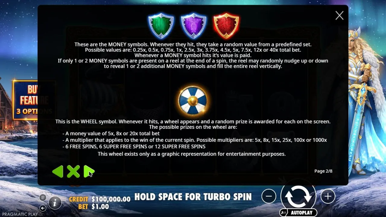 Freya 1000 rules page: green, purple and red money shields worth 0.25x to 40x, and the wheel symbol's cash, multiplier and free spins prizes