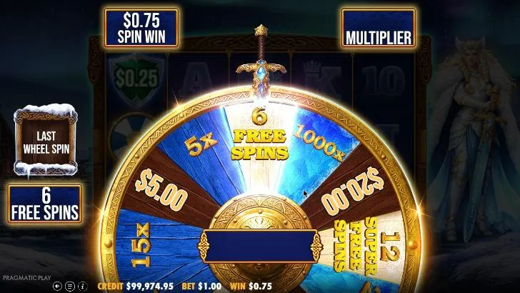 Freya 1000 wheel on our $50 buy spin stopping on 6 FREE SPINS, with 5x, 1000x, $20.00, 12 super free spins, $5.00 and 15x segments