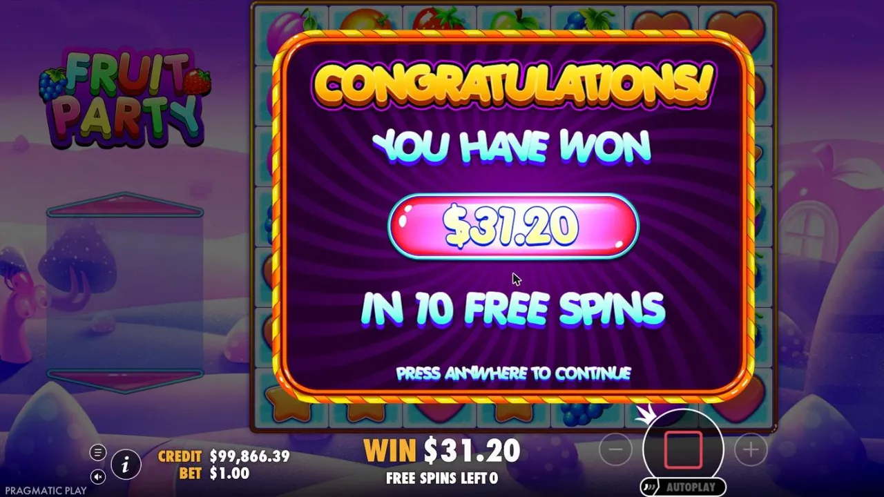 Fruit Party result screen after our $100 buy at a $1 bet: YOU HAVE WON $31.20 IN 10 FREE SPINS on a purple candy background