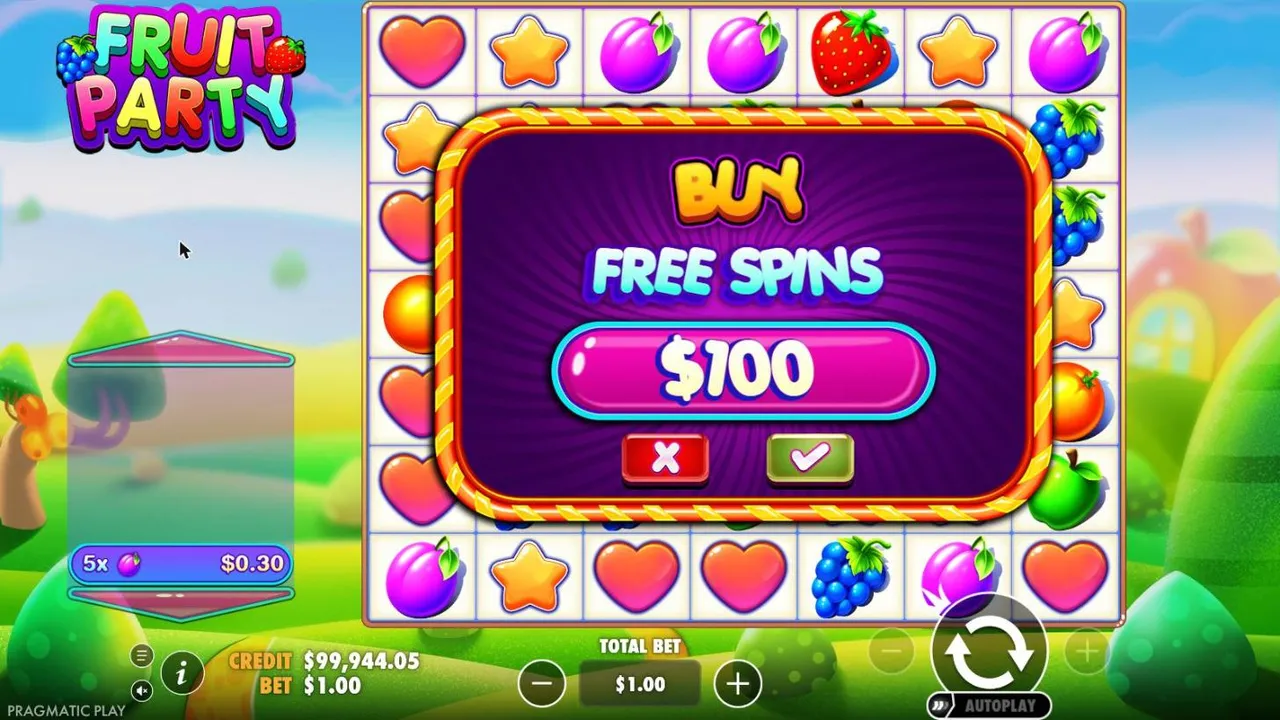 Fruit Party buy dialog at a $1 total bet: BUY FREE SPINS for $100 with cancel and confirm buttons over the fruit grid