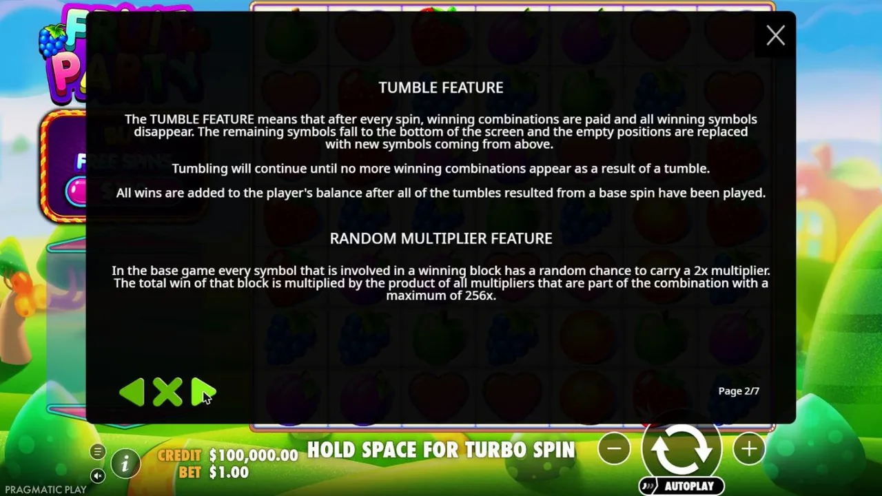 Fruit Party rules page 2: the tumble feature and the random multiplier feature, 2x per symbol in a winning block, multiplied up to 256x