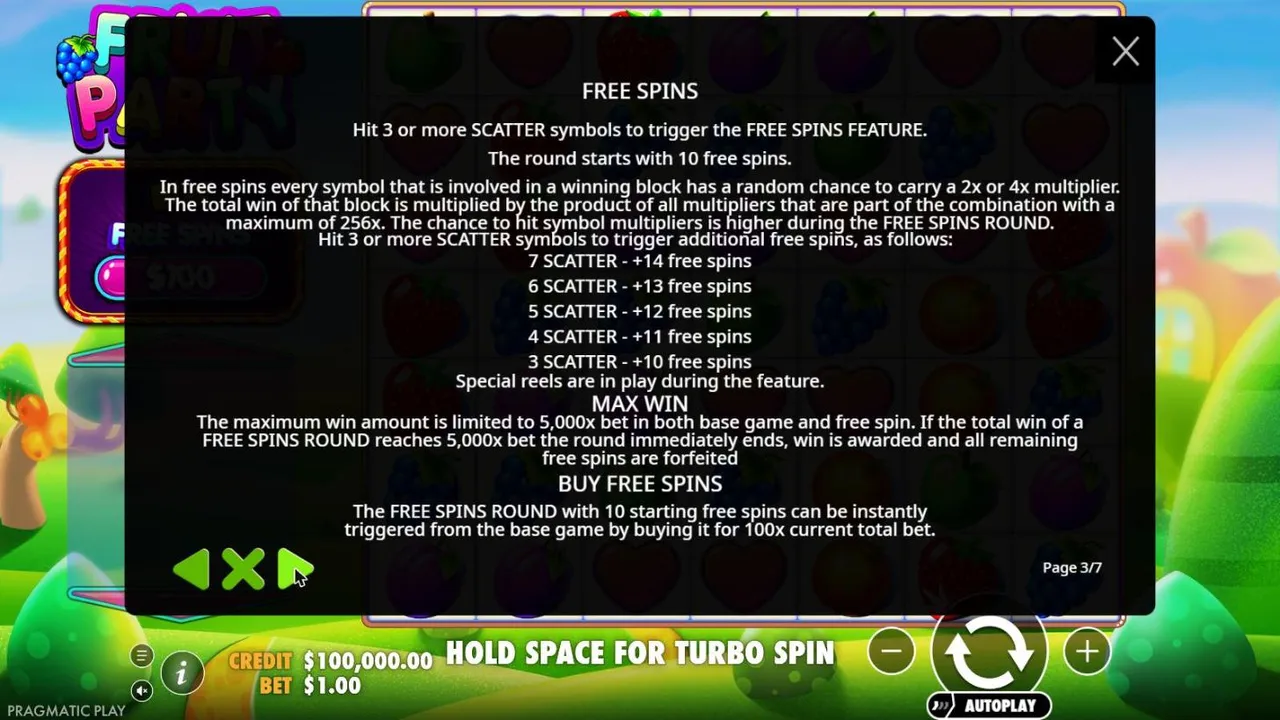 Fruit Party rules page 3: 10 free spins with 2x or 4x multipliers, +10 to +14 spins for 3 to 7 scatters, the 5,000x cap and the 100x buy