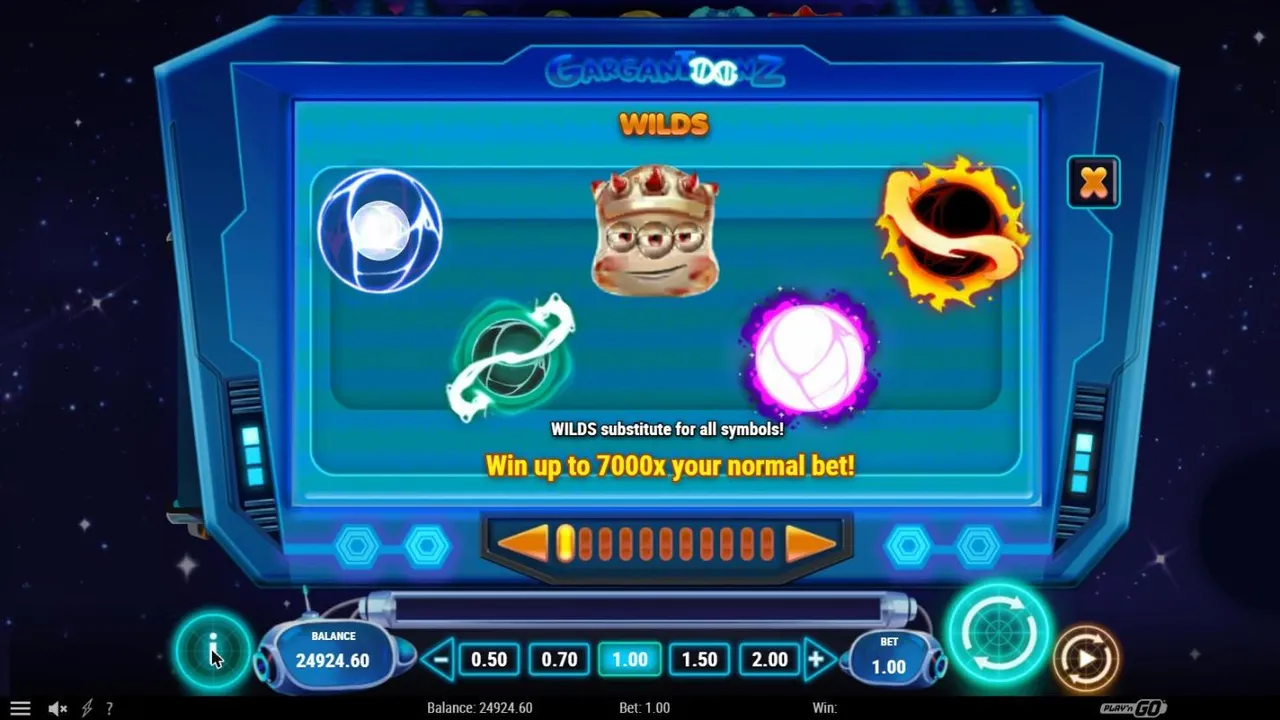 Gargantoonz paytable page 1: five wild symbols including the Gargantoon, WILDS substitute for all symbols, up to 7000x your normal bet