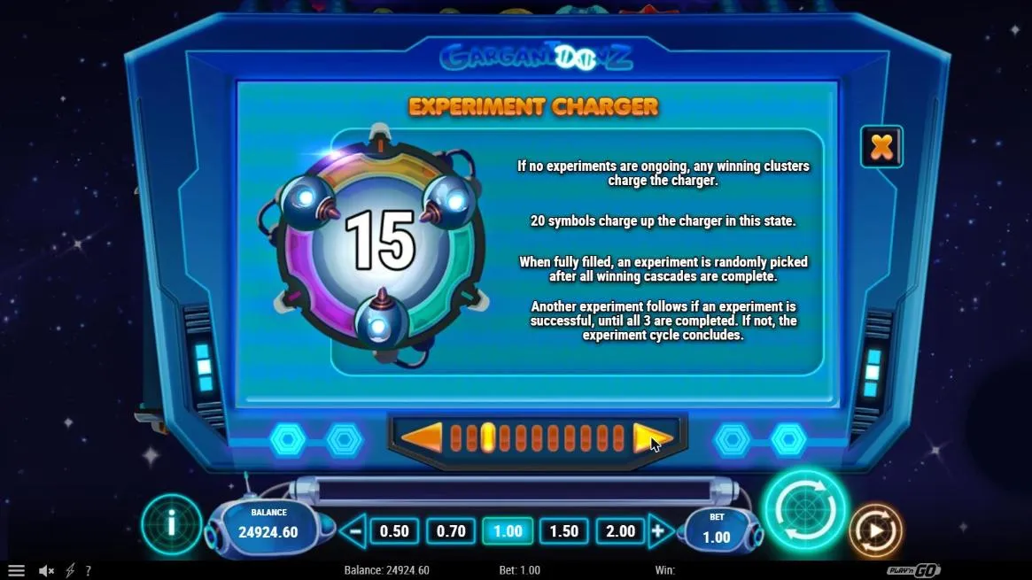 Gargantoonz Experiment Charger paytable page: the charger dial, 20 symbols to fill it and one experiment following another on success