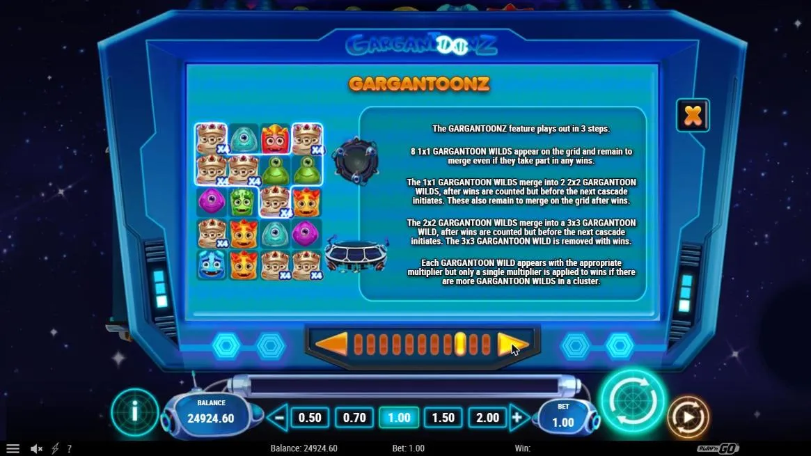 Gargantoonz feature paytable page: eight 1x1 Gargantoon wilds with x4 merging into two 2x2 wilds and then one 3x3 wild in three steps