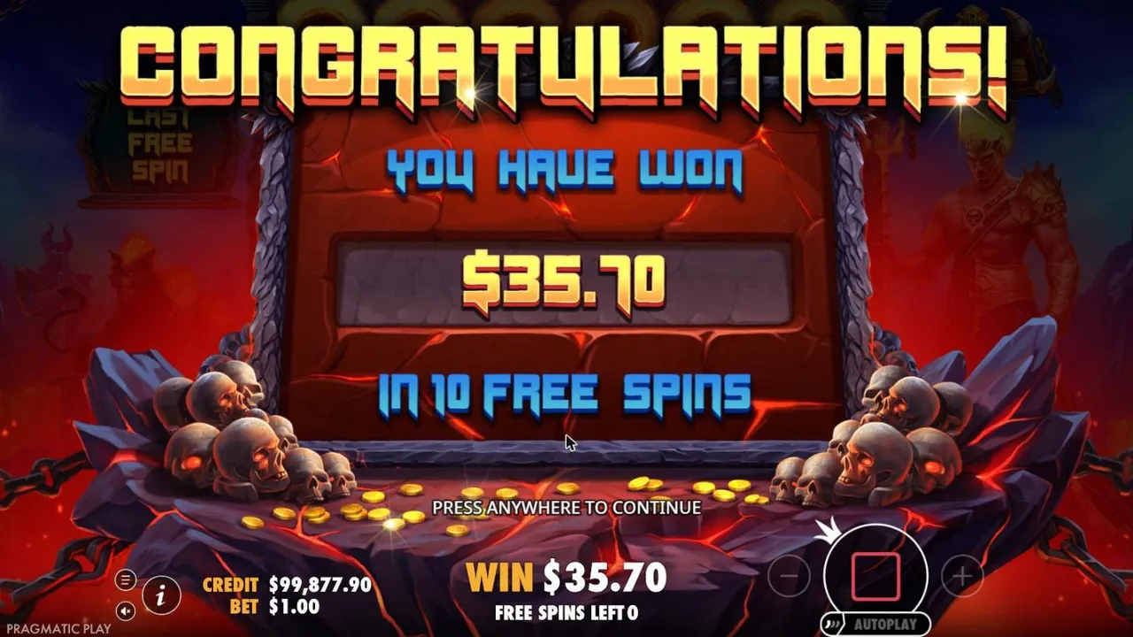 Gates of Hades result screen after our $100 free spins buy at a $1 bet: YOU HAVE WON $35.70 IN 10 FREE SPINS, between piles of skulls