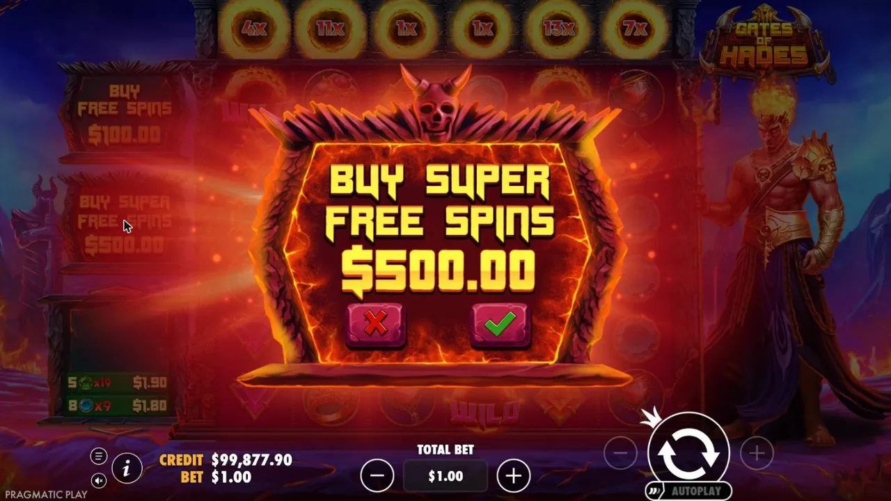 Gates of Hades buy dialog at a $1 bet: BUY SUPER FREE SPINS $500.00 in a red stone frame under a horned skull, with cancel and confirm buttons