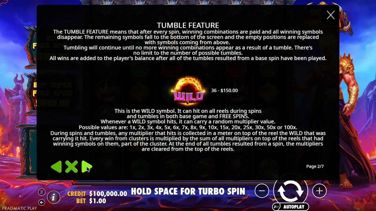 Gates of Hades rules page 2: the tumble feature and the WILD, whose 1x to 100x multipliers are collected in a meter on top of its reel