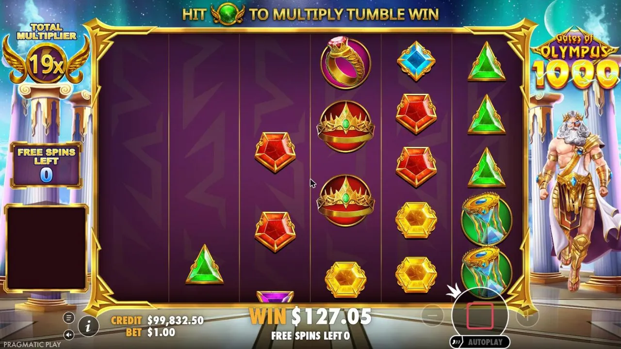 Gates of Olympus 1000 last free spin of our $100 buy at a $1 bet: TOTAL MULTIPLIER 19x, FREE SPINS LEFT 0, WIN $127.05