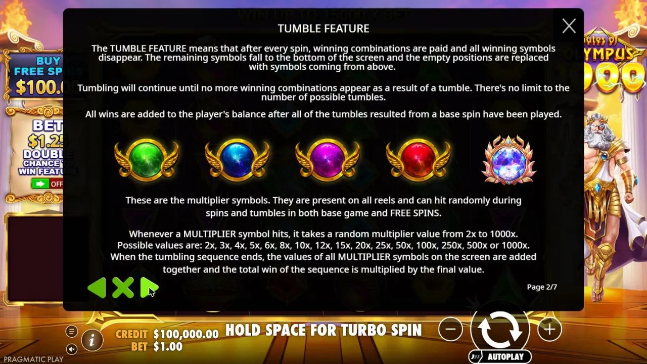 Gates of Olympus 1000 rules page 2: the tumble feature, four winged orbs and a crystal multiplier symbol, values from 2x to 1000x