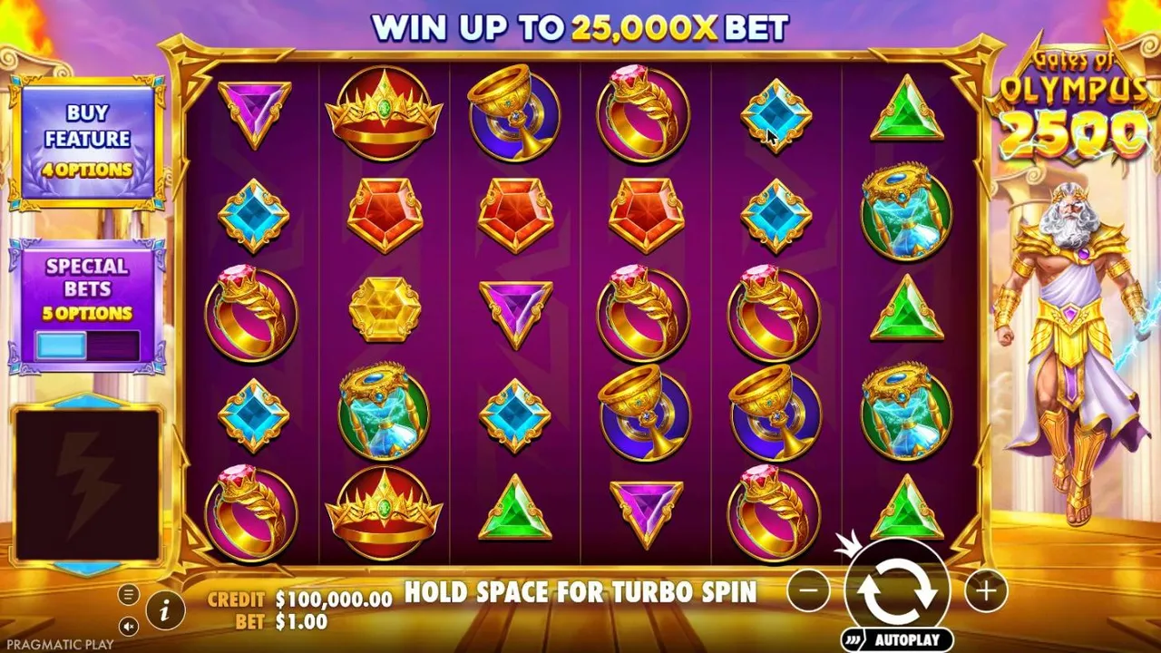 Gates of Olympus 2500 base game at a $1 bet: a 6x5 grid of gems, rings, goblets and crowns, with Zeus holding lightning on the right
