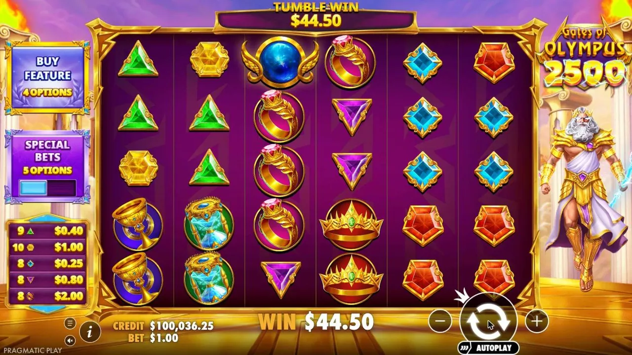 Gates of Olympus 2500 settled board on spin 11 at a $1 bet: TUMBLE WIN $44.50 with a blue multiplier orb on reel 3 and the win list