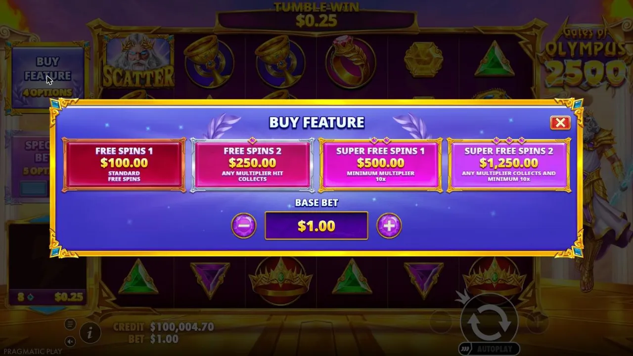 Gates of Olympus 2500 Buy Feature menu at a $1 base bet: Free Spins 1 $100, Free Spins 2 $250, Super 1 $500 and Super 2 $1,250