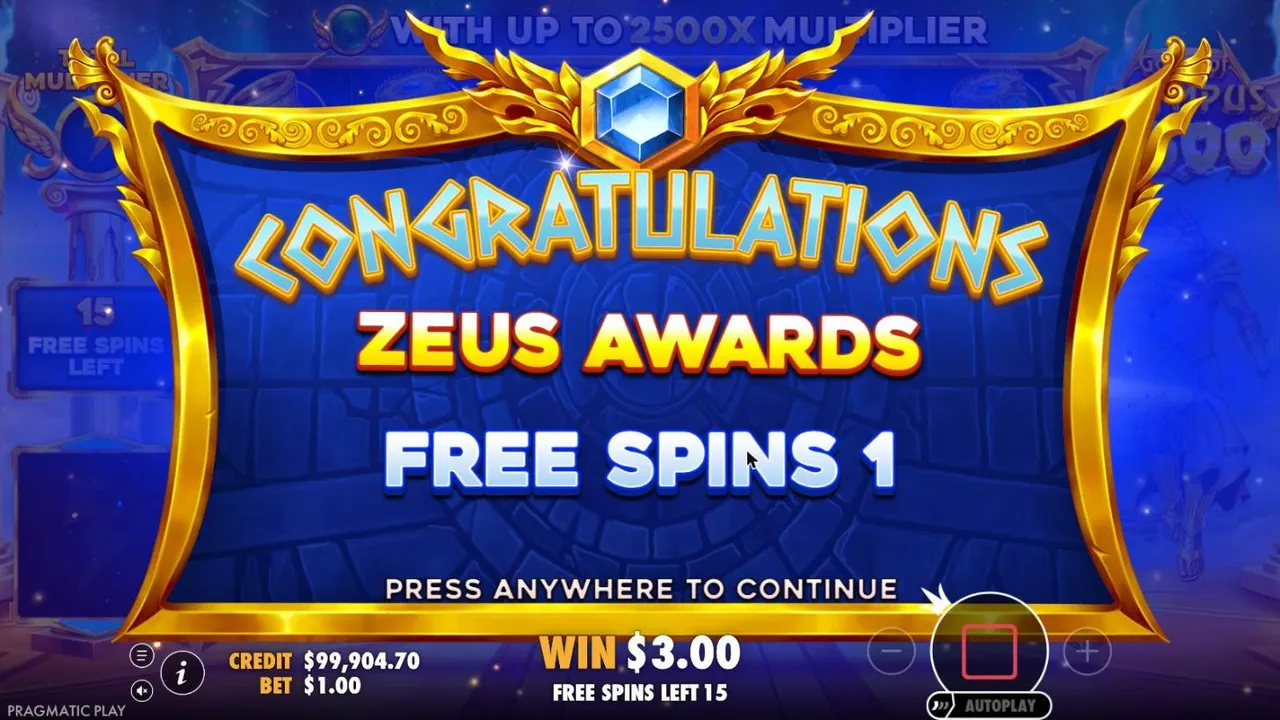 Gates of Olympus 2500 award screen after our $100 buy: Zeus awards Free Spins 1, with $3.00 paid for the four scatters