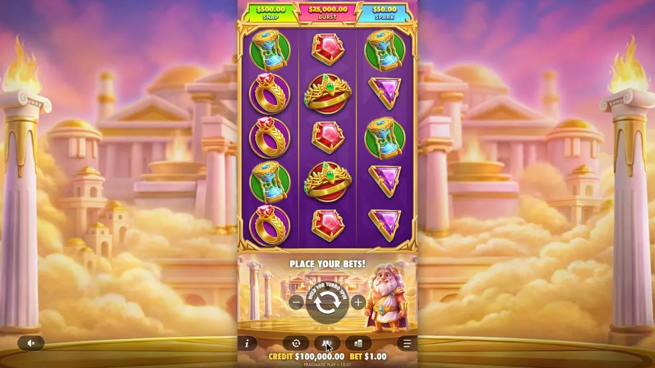 Gates of Olympus POP base game at a $1 bet: a 3x5 grid of gems, rings, hourglasses and crowns under the SNAP, BURST and SPARK panels