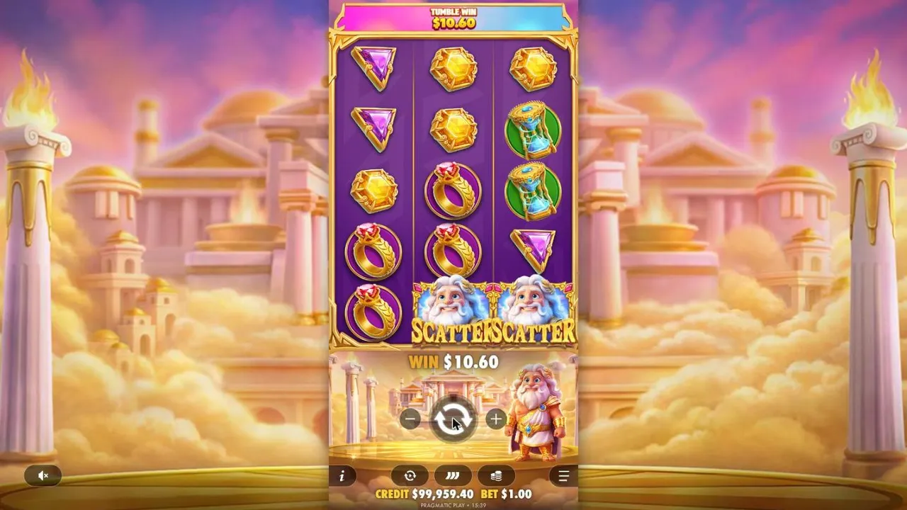 Gates of Olympus POP biggest win of our test at a $1 bet: TUMBLE WIN $10.60 on spin 79, with two Zeus scatters on the bottom row