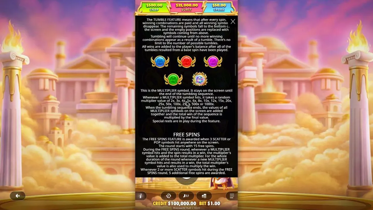Gates of Olympus POP rules screen with the five winged multiplier orbs worth 2x to 1,000x and the 15 free spins rules below them
