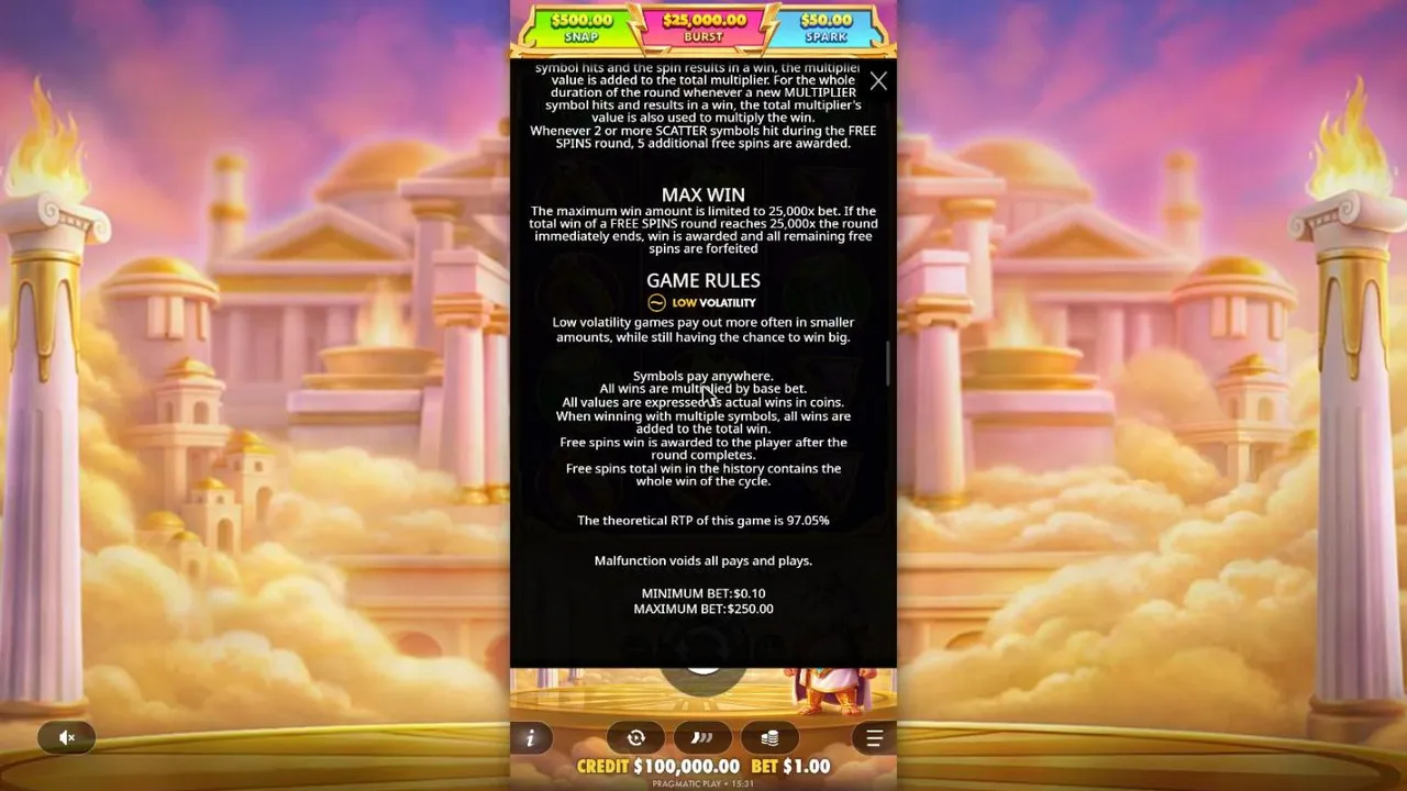 Gates of Olympus POP rules page with the LOW VOLATILITY badge, the 25,000x max win, a 97.05% RTP and bets from $0.10 to $250