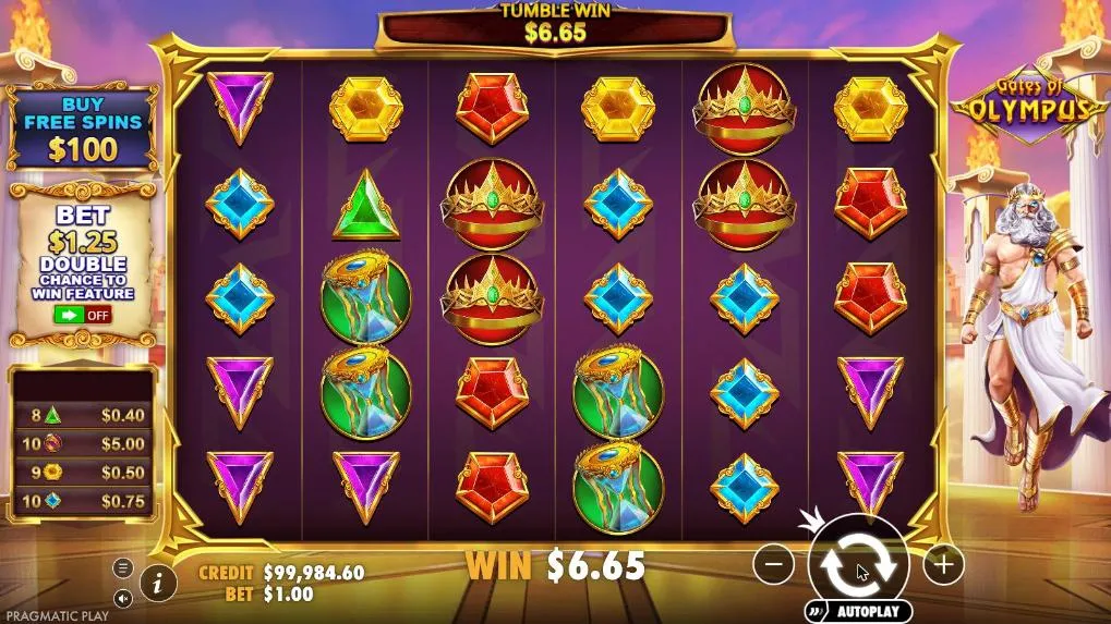 Gates of Olympus spin 31 at a $1 bet, settled: win list of 8 green gems, 10 rings, 9 yellow and 10 blue gems, TUMBLE WIN $6.65