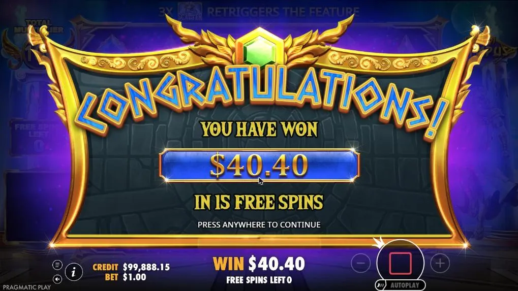 Gates of Olympus result screen after our $100 free spins buy at a $1 bet: you have won $40.40 in 15 free spins, CREDIT $99,888.15