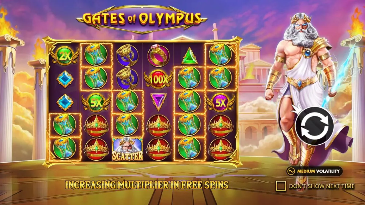 Gates of Olympus intro screen: Zeus beside a 6x5 grid with 2x, 5x and 100x multiplier orbs, a MEDIUM VOLATILITY badge and a scatter