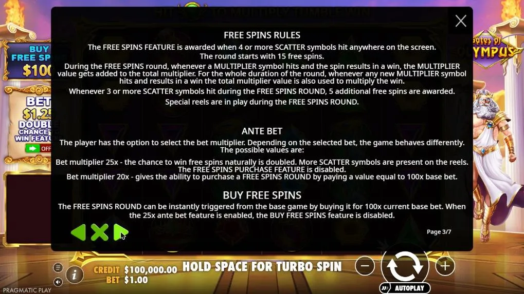 Gates of Olympus rules page 3: free spins with a total multiplier built from orbs on winning spins, the 25x ante bet and the 100x buy