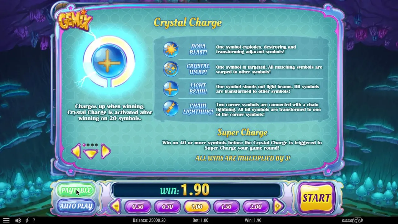 Gemix paytable page on the Crystal Charge: the charged orb, Nova Blast, Crystal Warp, Light Beam, Chain Lightning and Super Charge