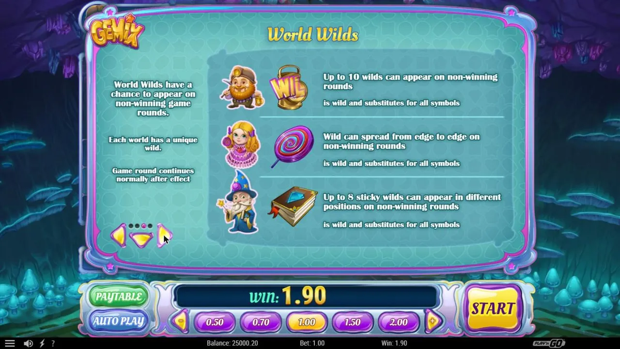 Gemix paytable page on World Wilds: the miner's lantern wild, the princess' lollipop wild and the wizard's book of sticky wilds