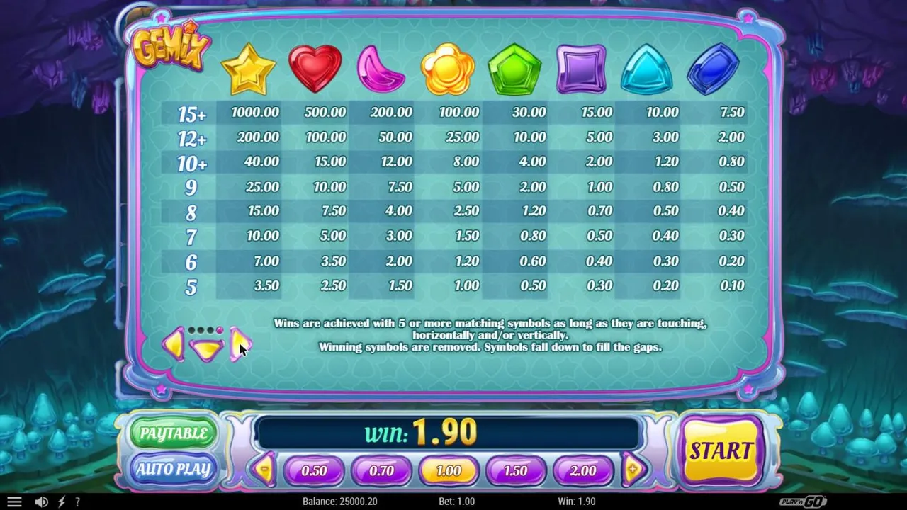 Gemix paytable symbols page: star, heart, moon, flower and four plain gems with cluster pays from 5 to 15 or more at a 1.00 bet