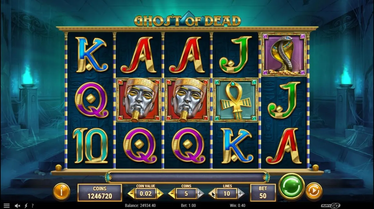 Ghost of Dead main game at a $1 bet after spin 100: two silver pharaoh masks, an ankh and a cobra among the royals, COINS 5, LINES 10