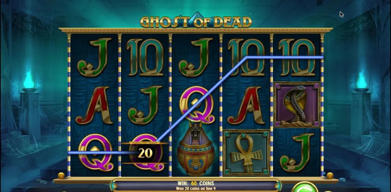Ghost of Dead base spin 9 at a $1 bet: line 9 drawn with 20 on it, a Canopus jar on reel 3, Won 20 coins on line 9, WIN 60 COINS
