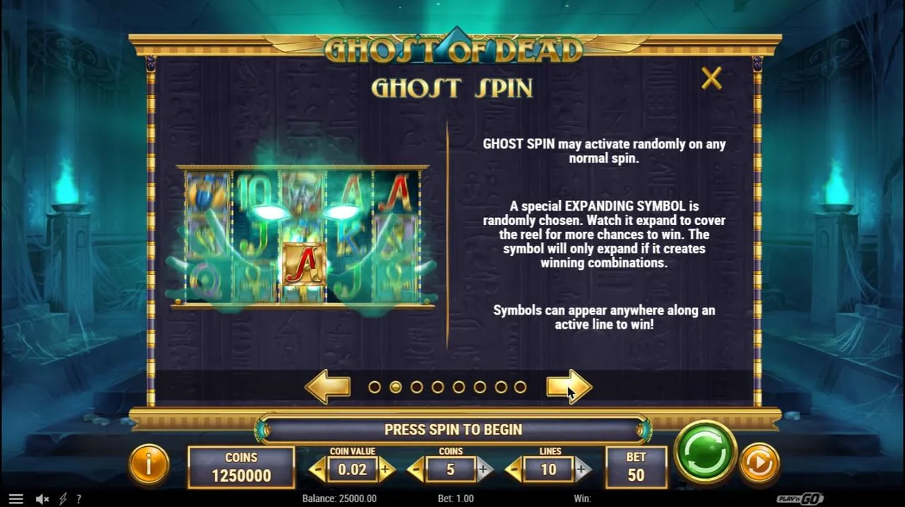 Ghost of Dead Ghost Spin paytable page: on a random normal spin the Ghost picks one royal or high symbol as the expanding symbol
