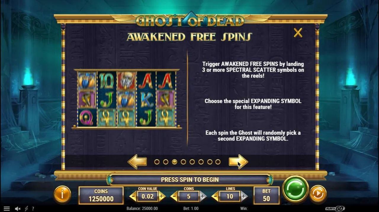 Ghost of Dead Awakened Free Spins paytable page: 3 or more Spectral scatters, your chosen symbol plus a second one from the Ghost