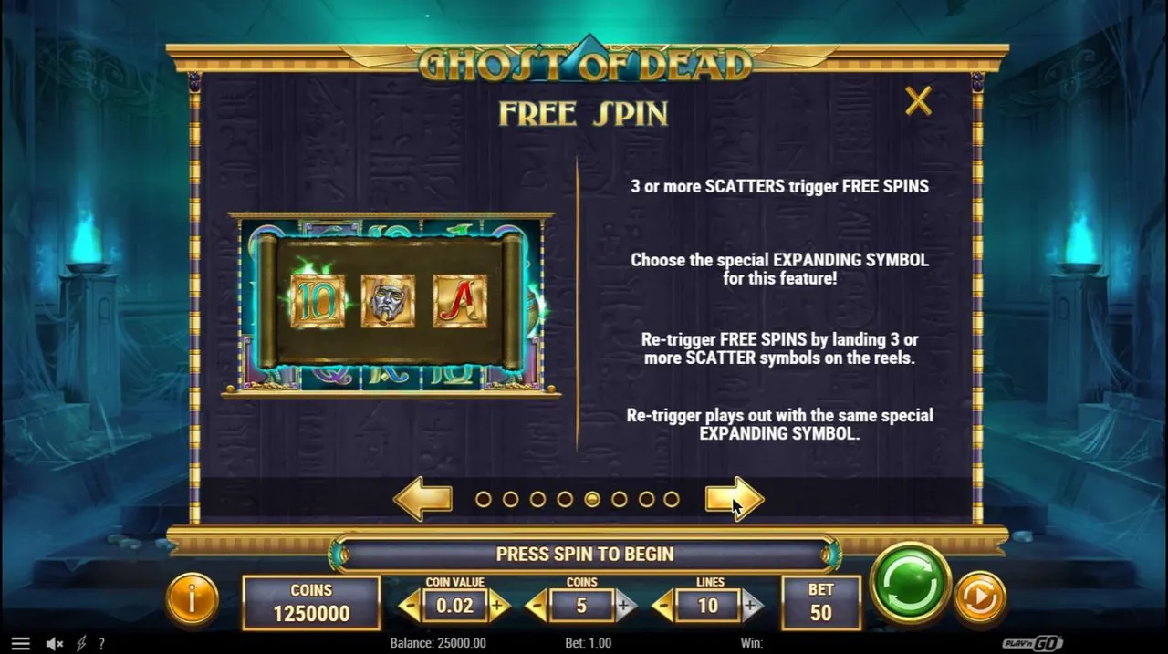 Ghost of Dead Free Spin paytable page: 3 or more scatters give 10 free spins, choose one of 3 symbols to expand, retriggers add 10