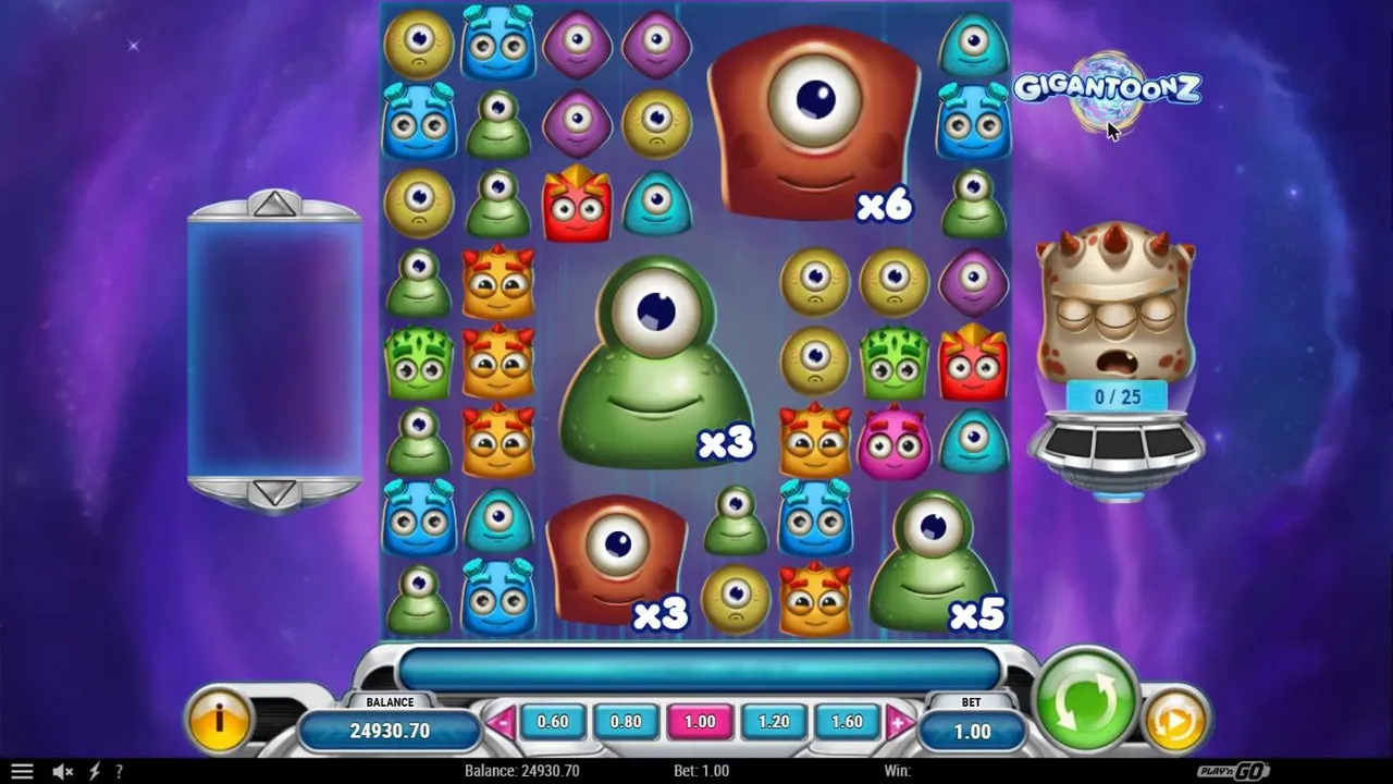Gigantoonz base spin 100 at a $1 bet, settled with no win: an 8x8 alien grid with four mega symbols marked x3, x3, x5 and x6